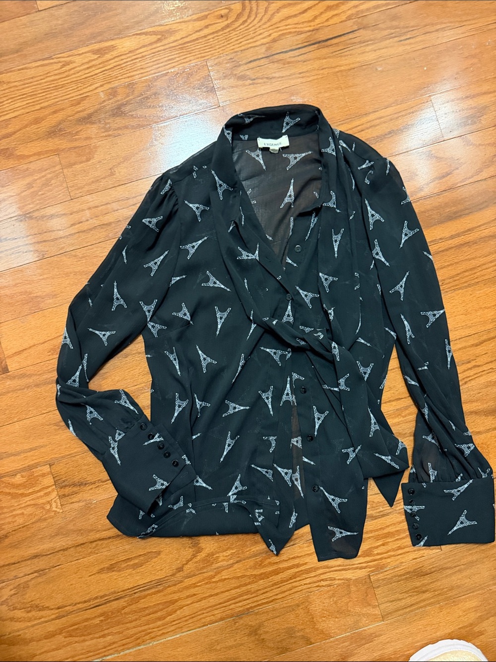L'AGENCE Black Blouse with White Eiffel Tower Print